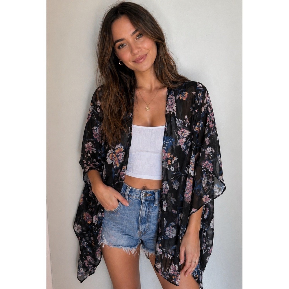 LC Lauren Conrad Women Black Floral Lightweight Open Front Kimono Cardigan Sheer